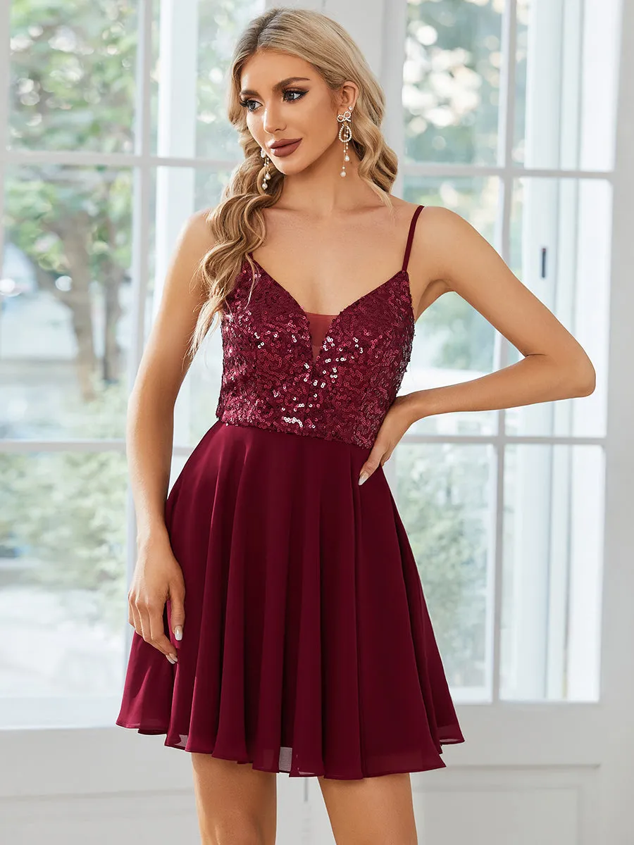 Spaghetti Straps Mini Sequin Chiffon Wholesale Homecoming Cocktail Dresses